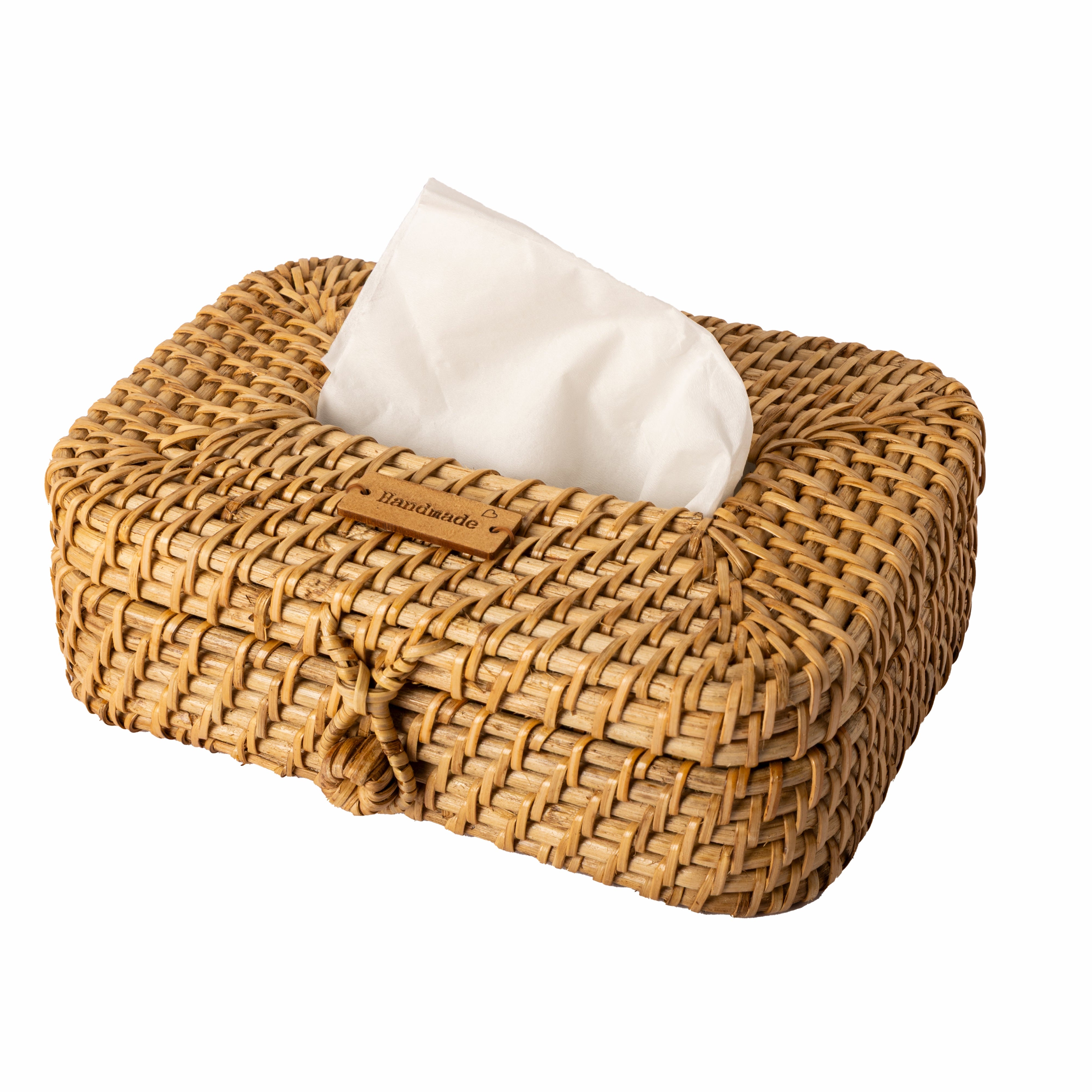 Woven tissue box holder with tissues on a white background