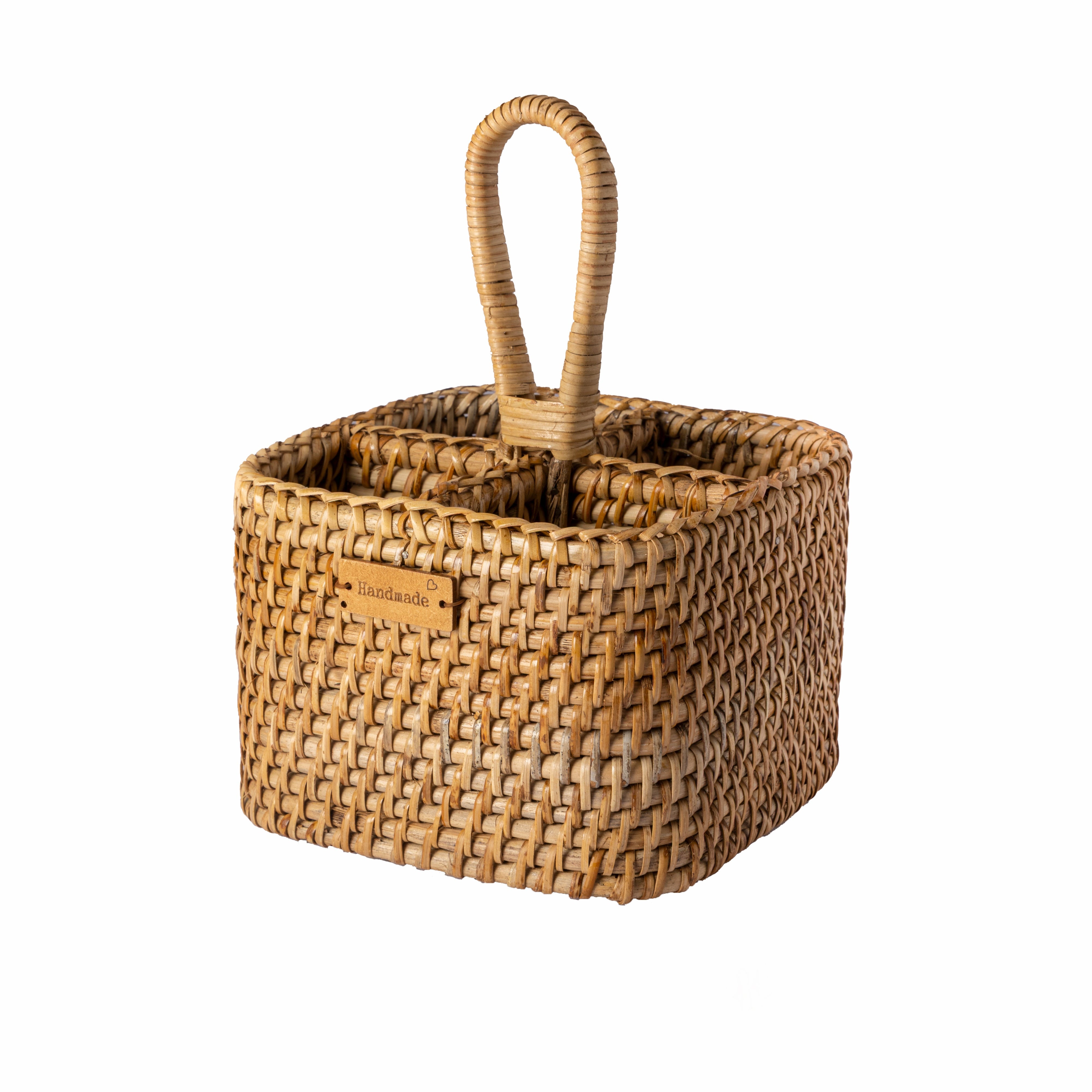 Woven basket with handle on a white background