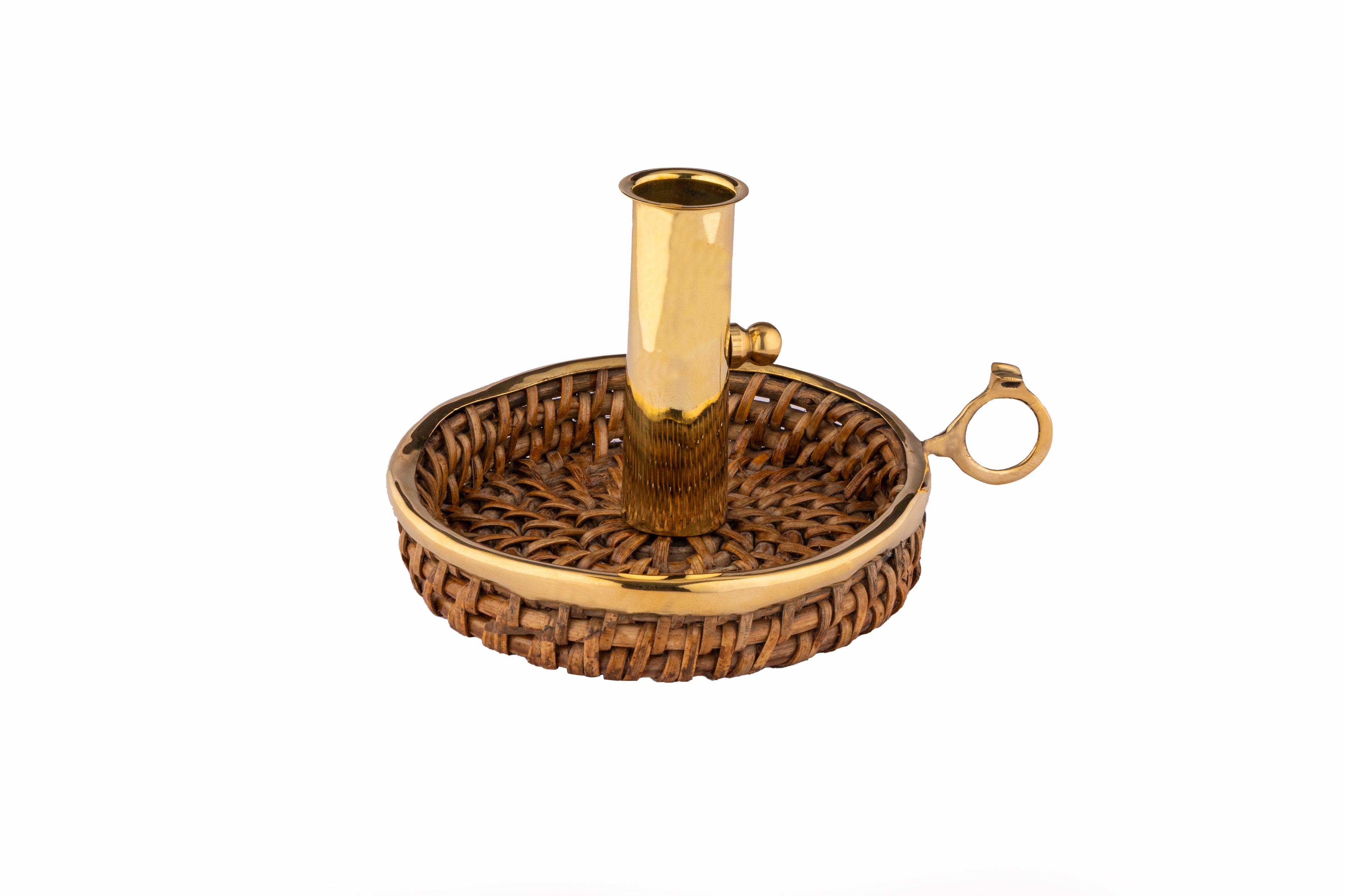 Decorative candle holder with rattan base and gold finish on a white background