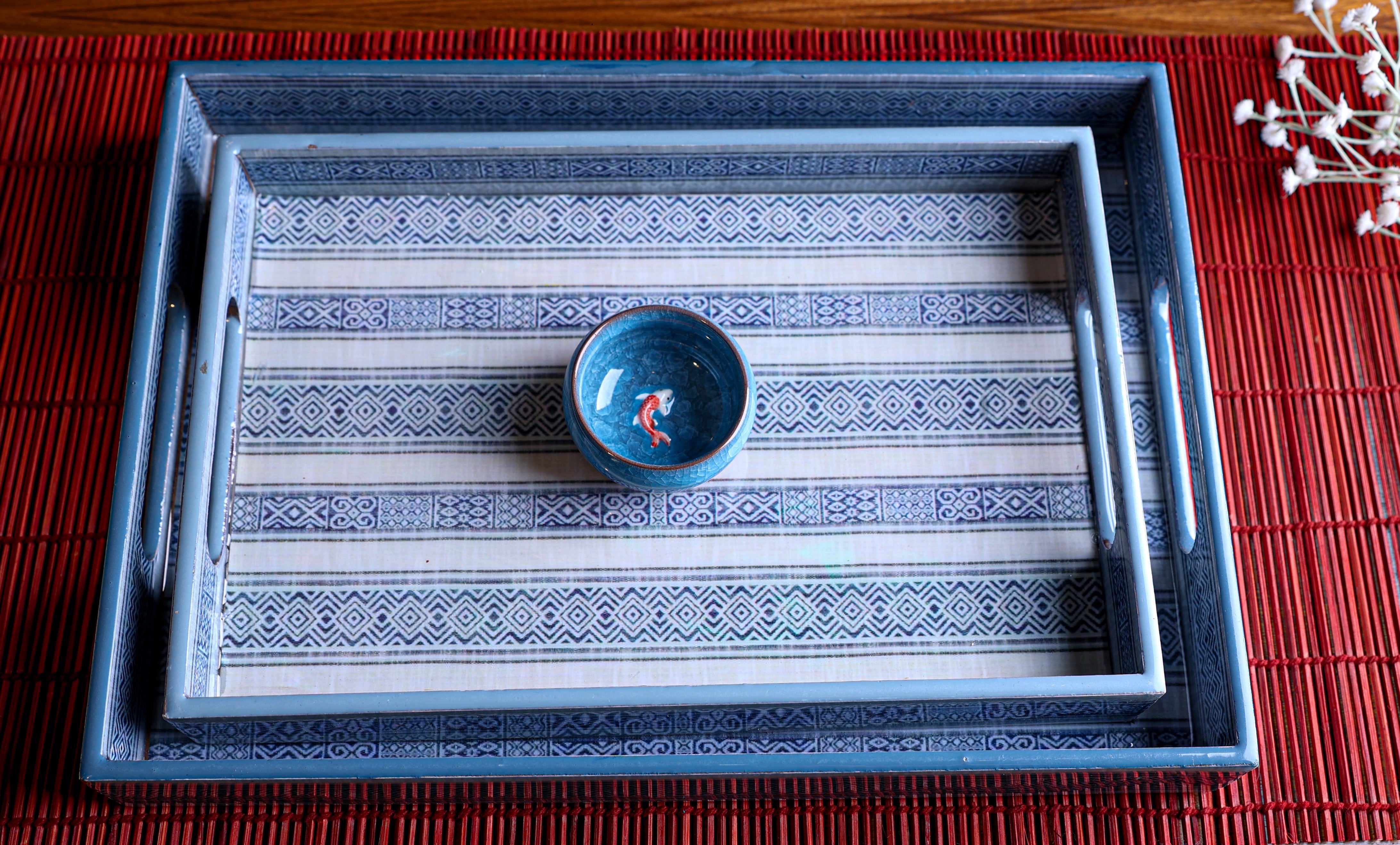 Abi Blue Block Print MDF Trays (Set of Two)