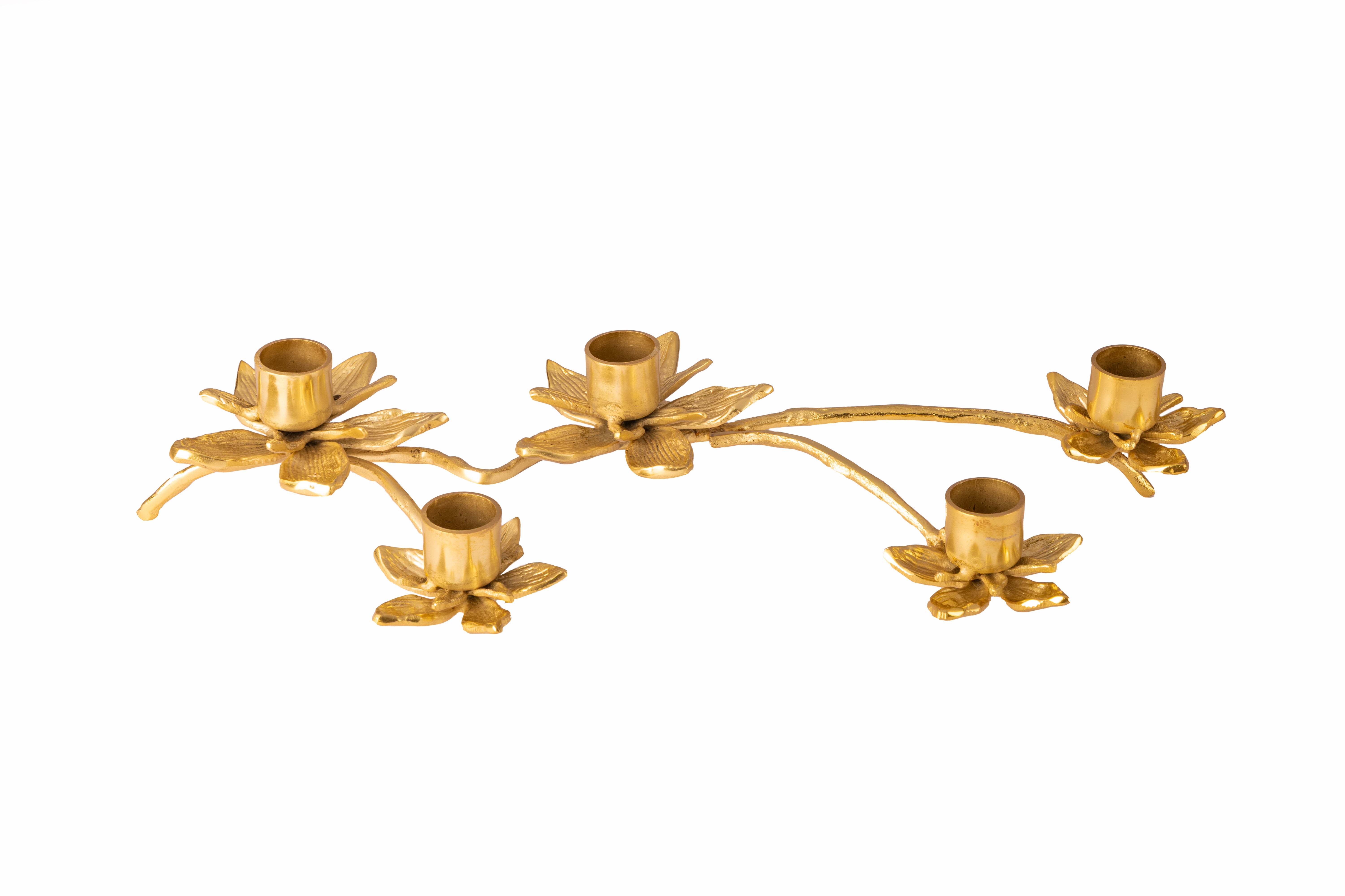 Gold candle holder with floral design on a white background