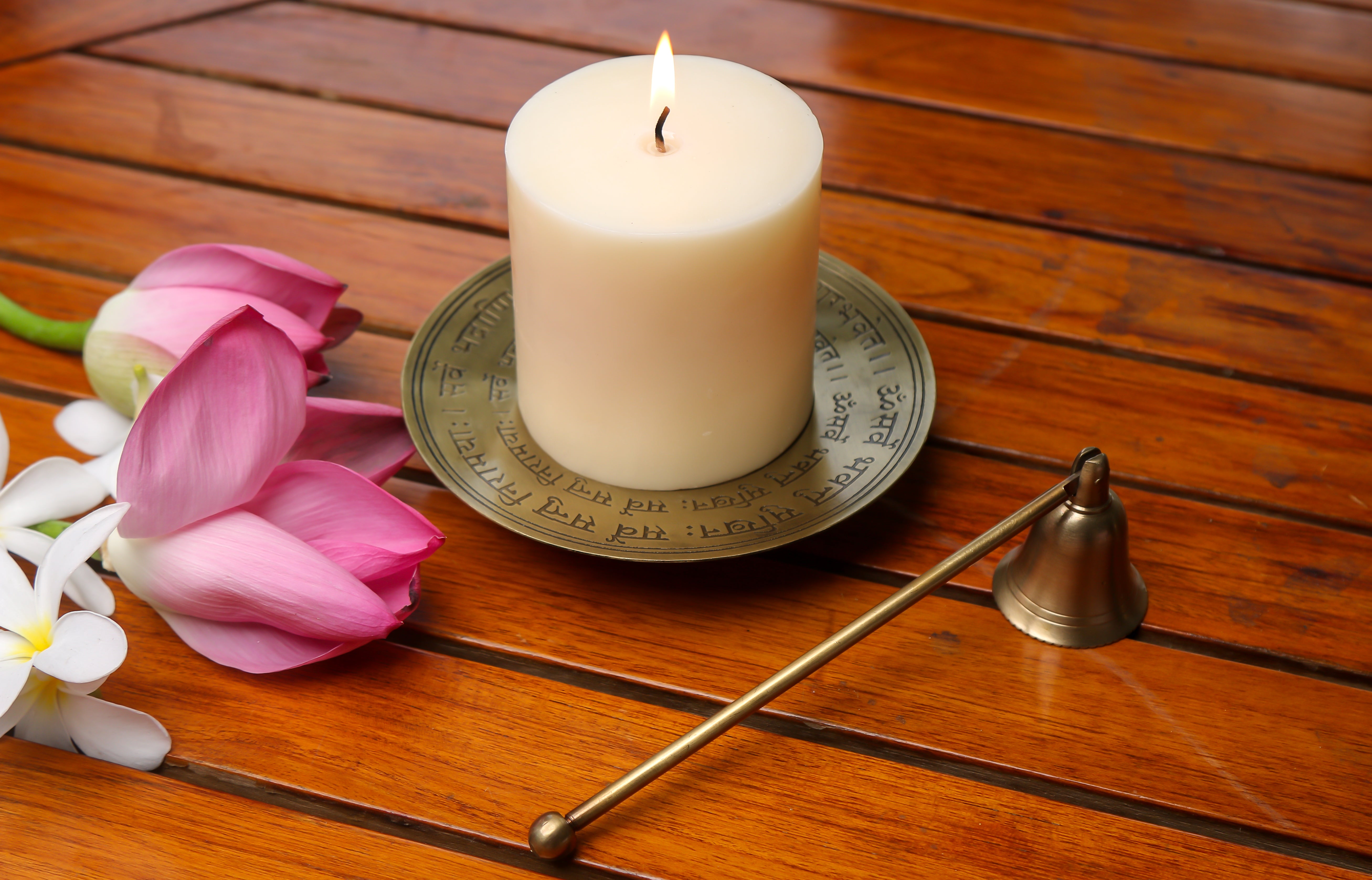Vanilla and jasmine scented soy wax candle with brass stand and snuffer