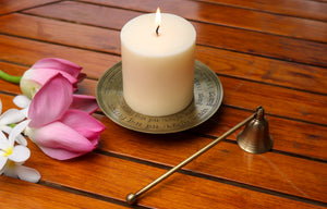 Vanilla and jasmine scented soy wax candle with brass stand and snuffer