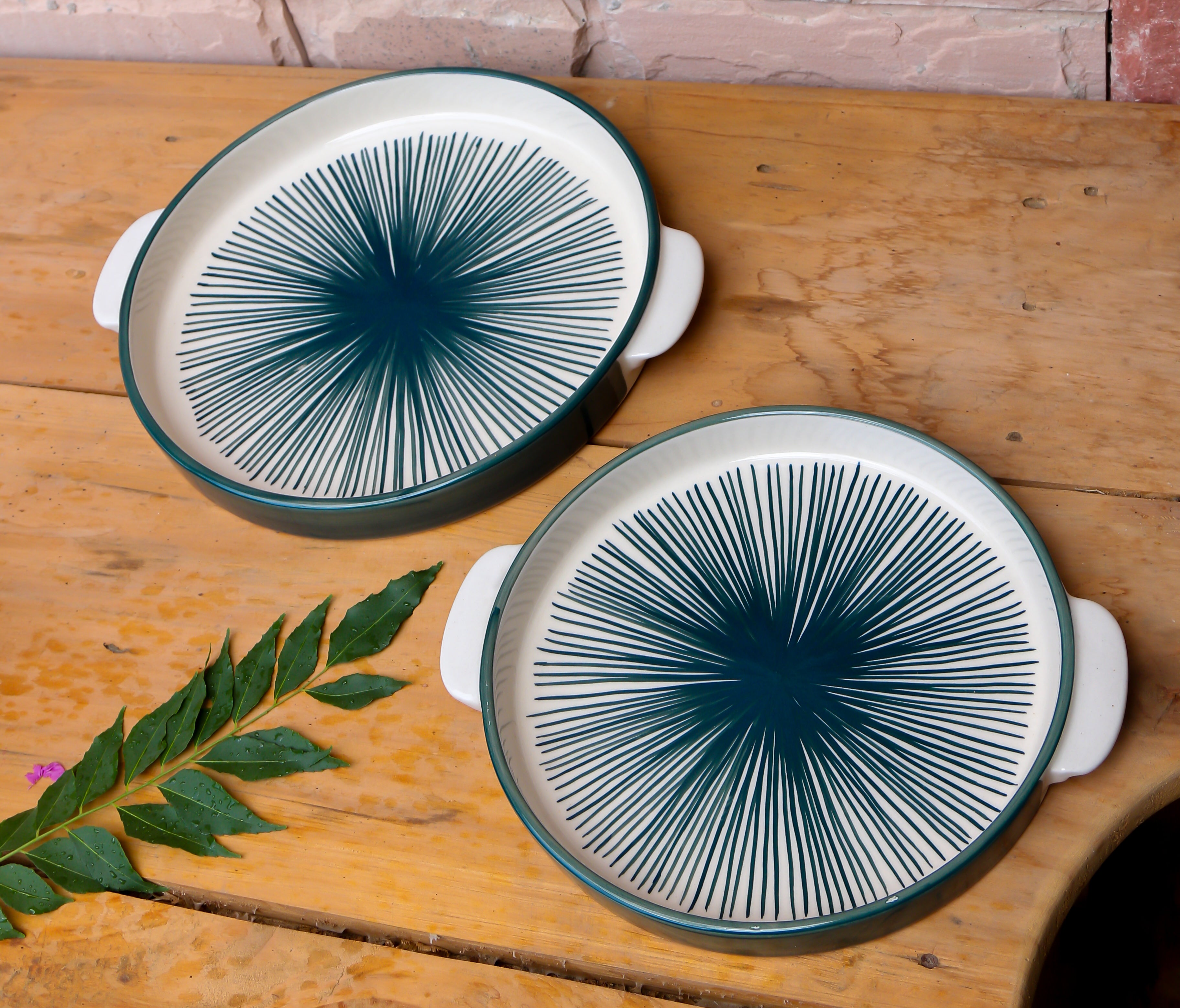 Moss Green Hand Painted Pizza Platters (Set of 2)