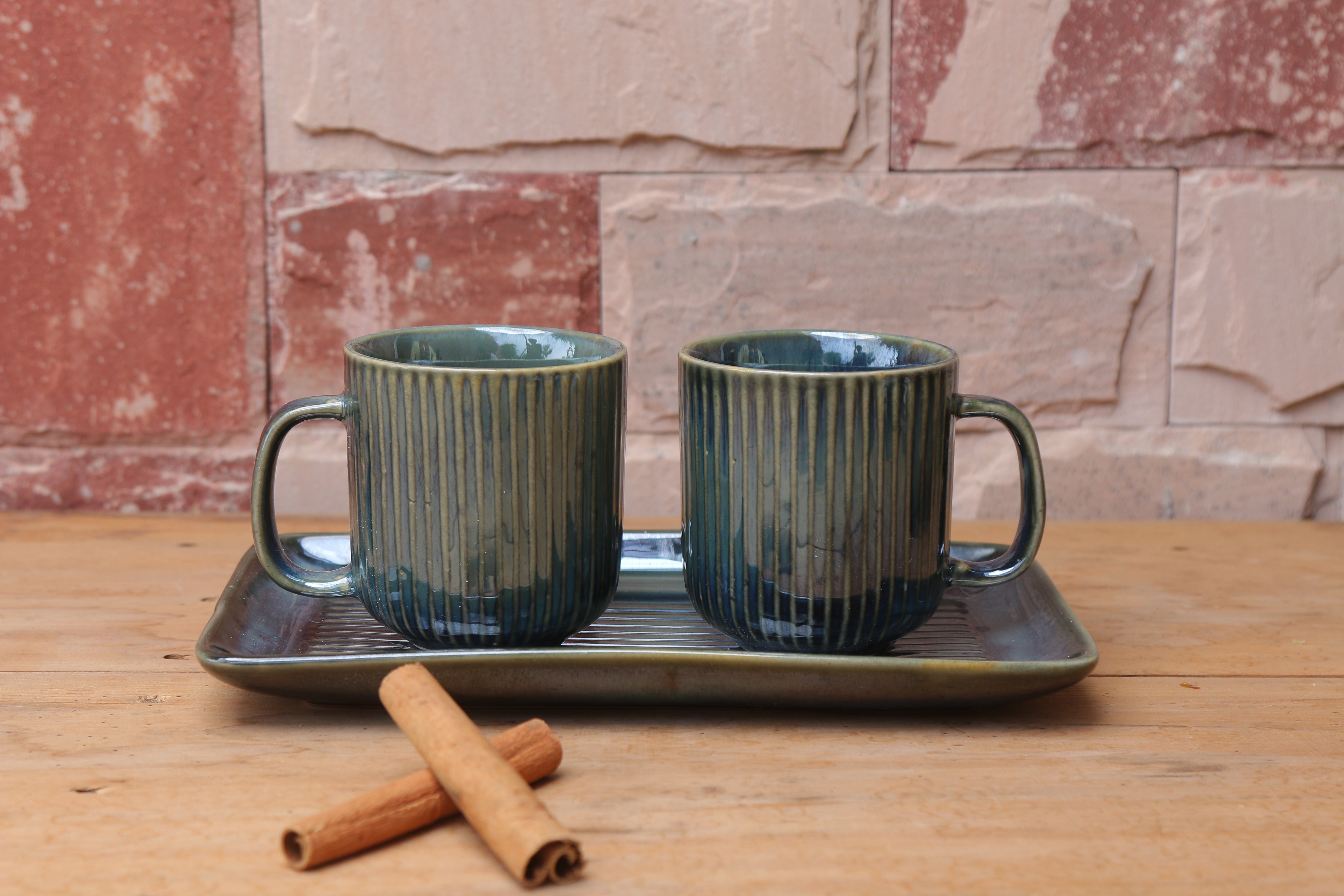 Moss Green Pottery Glazed Coffee Mugs (Set of 2)