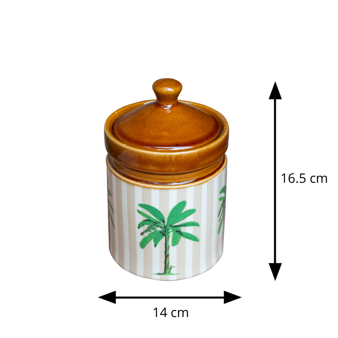 Ceramic jar with a lid and palm tree design on a white background with measurements.