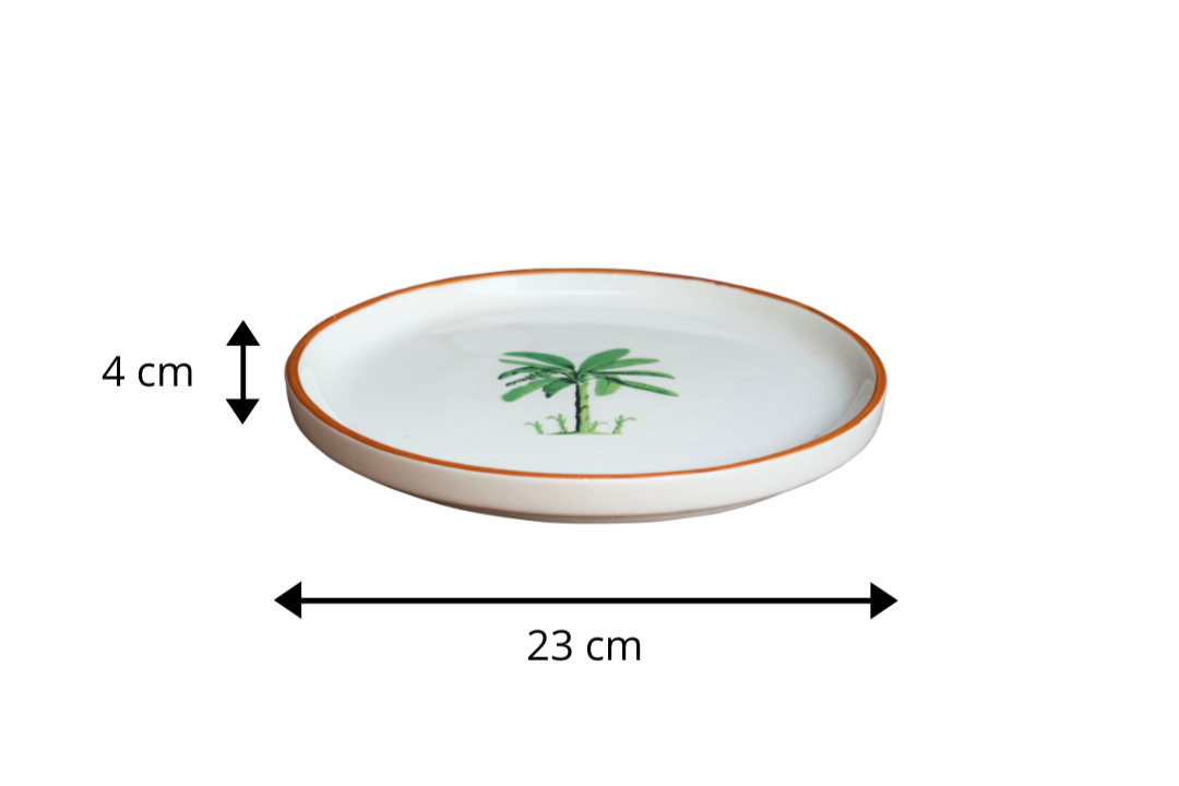 White plate with a palm tree design, shown with measurements on a white background