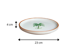 White plate with a palm tree design, shown with measurements on a white background