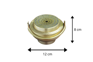 Brass burner with dimensions labeled on a white background