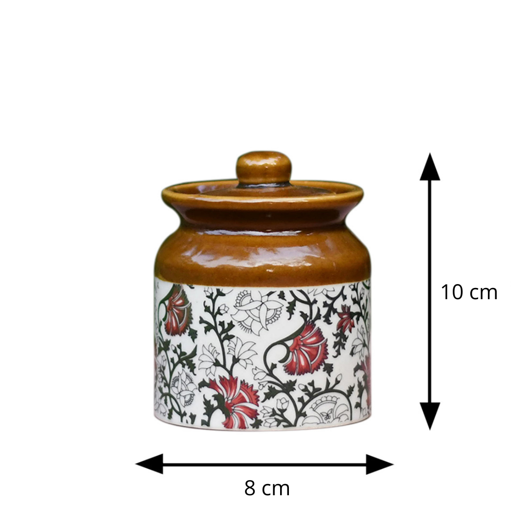 Ceramic jar with textile patterns and dimensions indicated on a white background