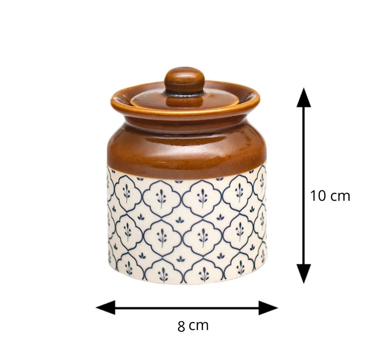 Ceramic jar with a lid and Moroccan pattern, shown with dimensions on a white background.