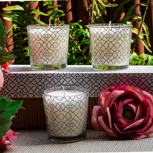 Moroccan Print Glass Votives with burn time of 27 hours