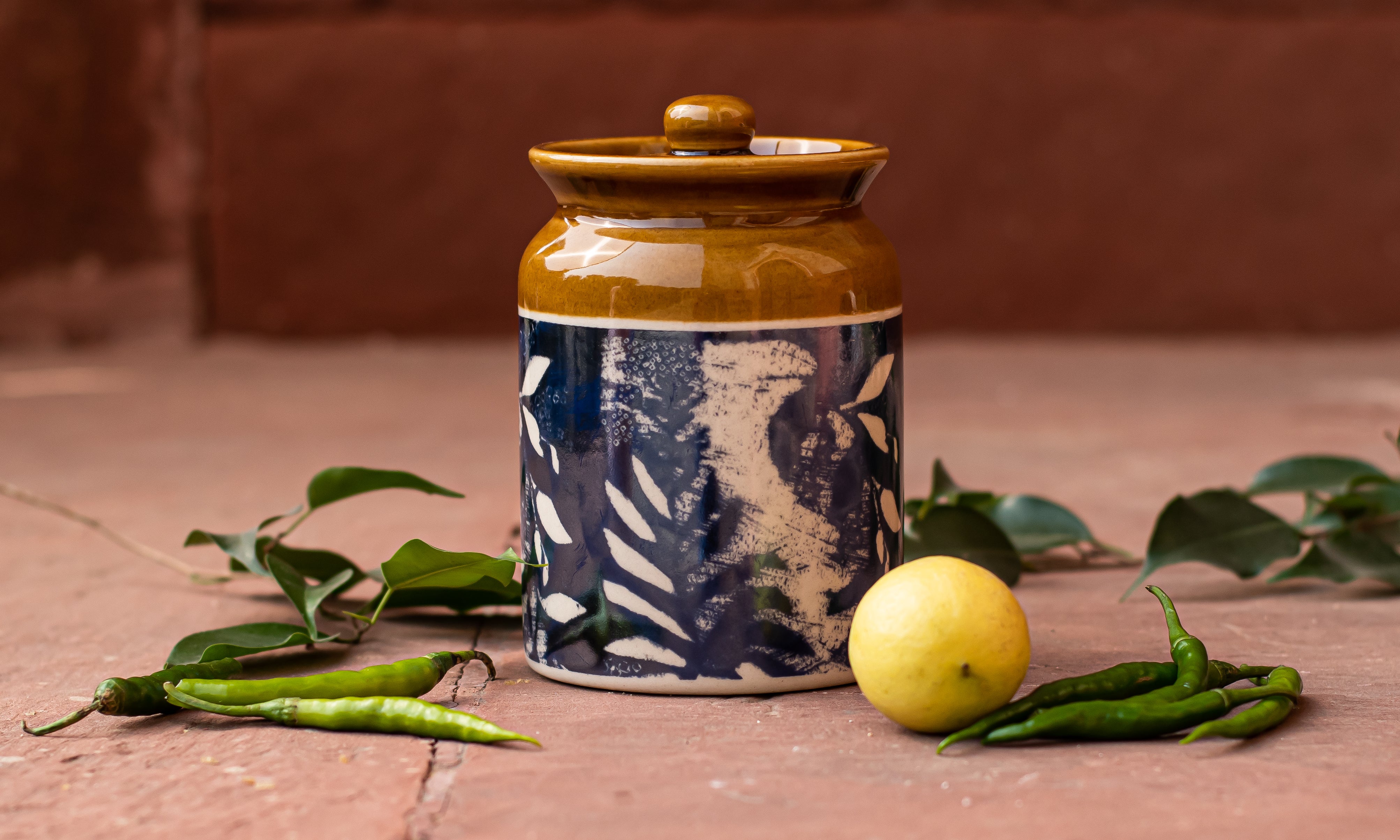 Indigo Textile Print Ceramic Pickle Jar