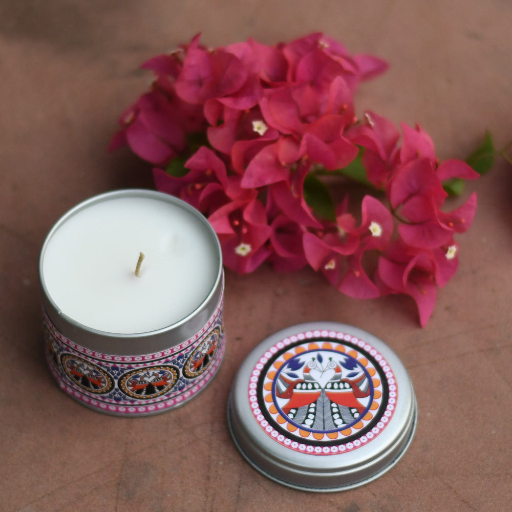 Tin candle with textile print