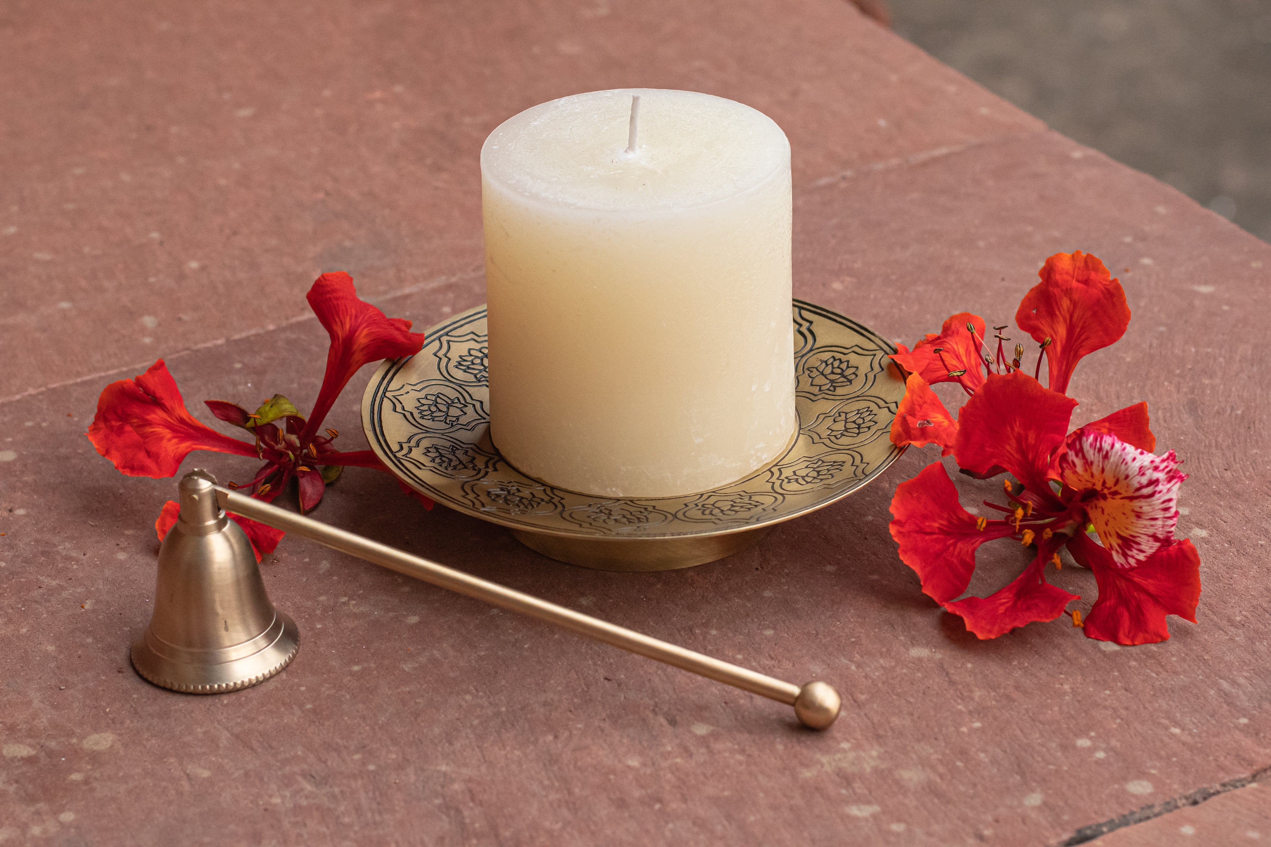 Neerja Brass Pillar Candle, Holder & Snuffer Set - Kohana Homes