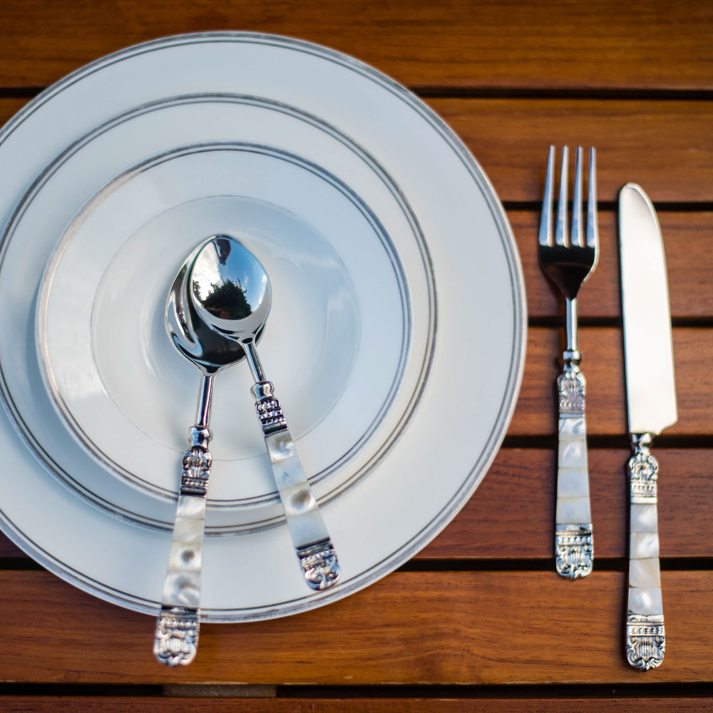 Mother of Pearl Inlay Flatware Set - Personalized Cutlery - 5 Piece Hostess  Set -Handmade Silverware-Stainless Steel Cutlery Set-Gift Boxed